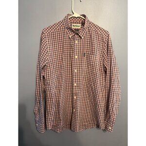Men’s Barbour Salmon Pink & Blue Gingham Tailored Fit Button Long Sleeve SZ MED‎